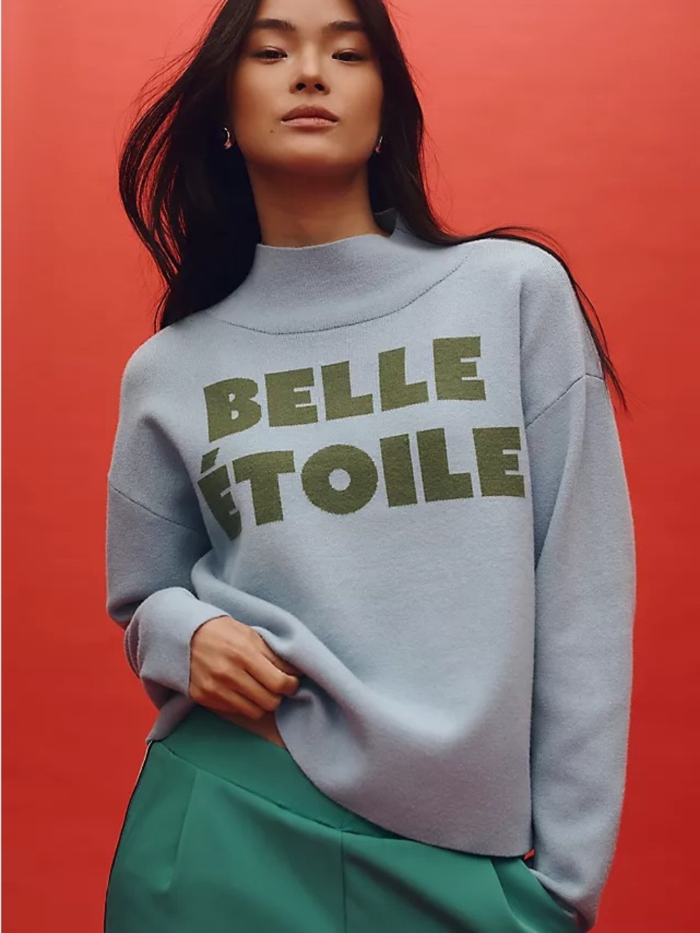 Maeve Light Blue Pullover with Olive Green Lettering